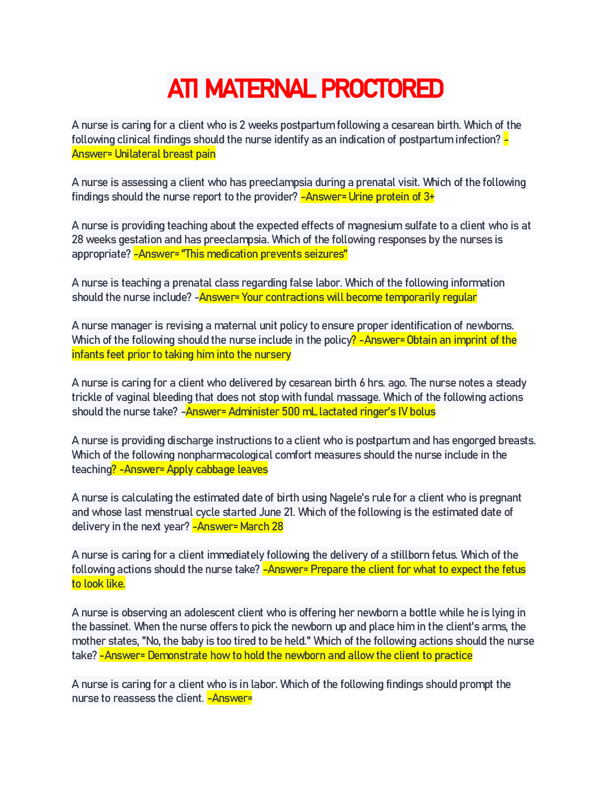 Preview image of ATI MATERNAL PROCTORED document